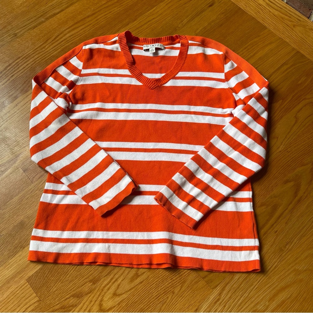 Tommy Hilfiger Woman Orange and White Striped Toggle Sleeve Sweater